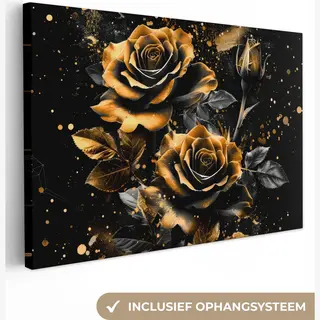 OneMillionCanvasses Canvas Schilderij 120x80 Cm - Wanddecoratie Rozen - Goud - Zwart - Bloemen - Modern - Muurdecoratie Woonkamer - Kamer Decoratie Modern - Abstracte
