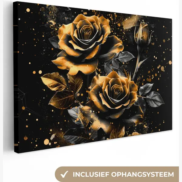 OneMillionCanvasses Canvas Schilderij 150x100 Cm - Wanddecoratie Rozen - Goud - Zwart - Bloemen - Modern - Muurdecoratie Woonkamer - Kamer Decoratie Modern - Abstracte thumbnail