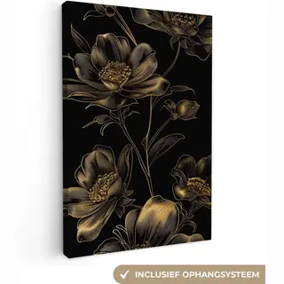 OneMillionCanvasses Canvas Schilderij 40x60 Cm - Wanddecoratie Bloemen - Zwart - Goud - Line Art - Muurdecoratie Woonkamer - Kamer Decoratie Modern - Abstracte
