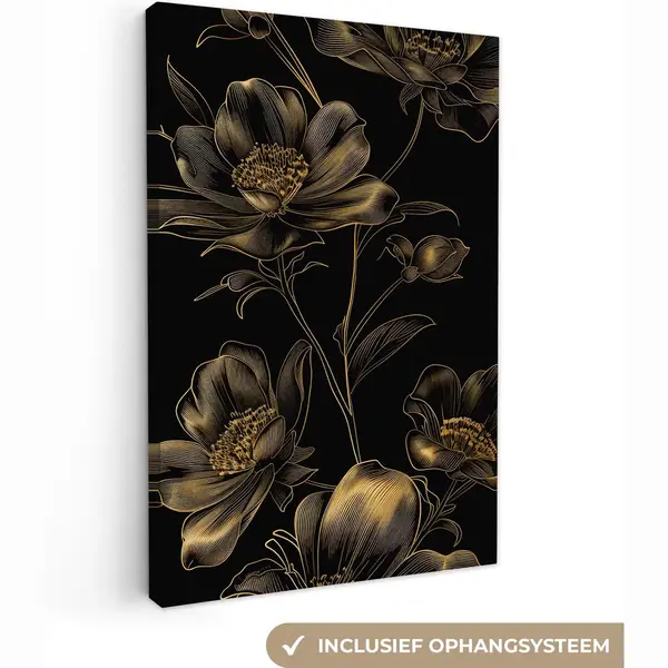 OneMillionCanvasses Canvas Schilderij 40x60 Cm - Wanddecoratie Bloemen - Zwart - Goud - Line Art - Muurdecoratie Woonkamer - Kamer Decoratie Modern - Abstracte thumbnail