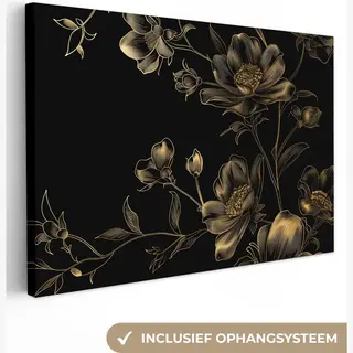 OneMillionCanvasses Canvas Schilderij 120x80 Cm - Wanddecoratie Bloemen - Zwart - Goud - Line Art - Muurdecoratie Woonkamer - Kamer Decoratie Modern - Abstracte