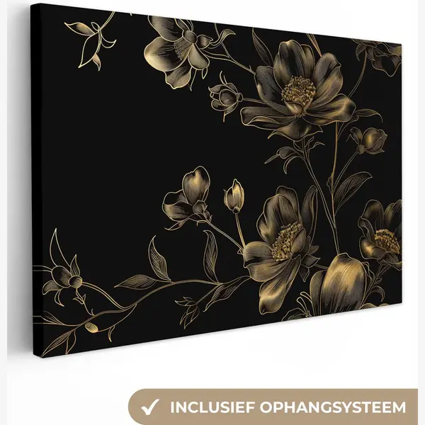 OneMillionCanvasses Canvas Schilderij 120x80 Cm - Wanddecoratie Bloemen - Zwart - Goud - Line Art - Muurdecoratie Woonkamer - Kamer Decoratie Modern - Abstracte thumbnail
