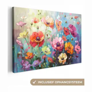 OneMillionCanvasses Canvas Schilderij 120x80 Cm - Wanddecoratie Bloemen - Kleurrijk - Waterverf - Natuur - Zomer - Muurdecoratie Woonkamer - Slaapkamer Decoratie - Kamer