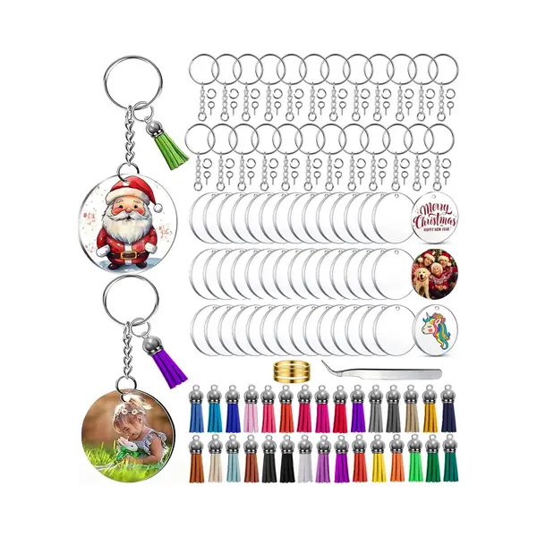 KeyAmor 200-Delig Diy Sleutelhangers Maken Knutselpakket Met Sleutelringen, Kwastjes En Blanco Transparant Plastic Plexiglas - Foto/Sleutellabels thumbnail