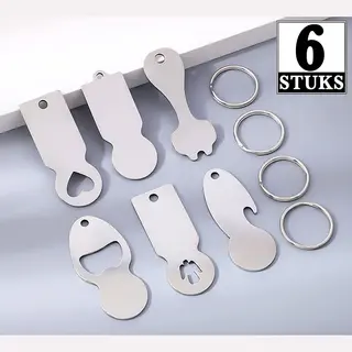 KeyAmor 6 Stuks - 3-in-1 Flesopener, Winkelwagen Muntjes Sleutelhangers Set - Bieropeners Met Sleutelringen - Rvs Bier, Fles Opener - Munt Voor Boodschappen -