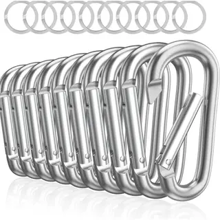 KeyAmor 10-Delig 78mm Zilver Karabijnhaken Set Met 10 Sleutelringen - Musketonhaak Sleutelhangers Voor Volwassenen - D Carabiners - Karabijn Haak Keychain -