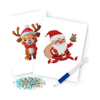 Rubye® Mini Diamond Paintings - 2 Stuks - Volwassenen - Diamond Painting Kinderen - Set - Kerstman & Rendier - 15x20cm