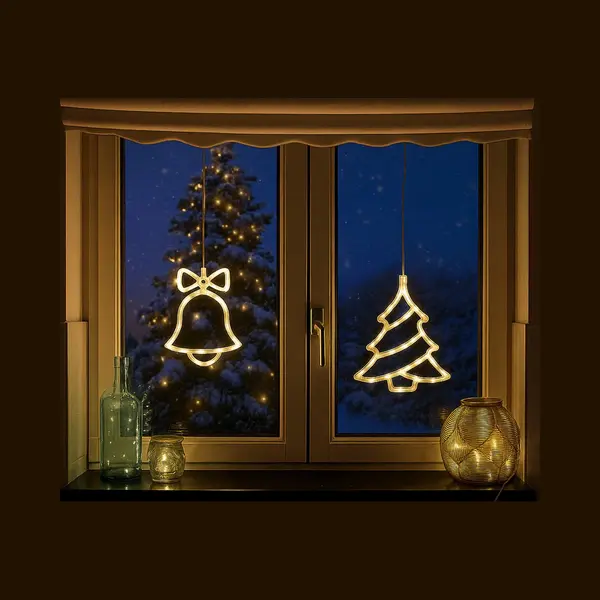 Giftmas Led Hängedekoration Weihnachtsglocke & Weihnachtsbaum Warmweiß 14x18, 3 Cm - Batteriebetrieben - Fensterdekoration Für Innenräume thumbnail
