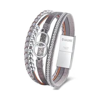 Malinsi® Armband Dames 4 Snoeren - 19cm Leer En Rvs Sluiting - Sieraden Armbanden Vrouw