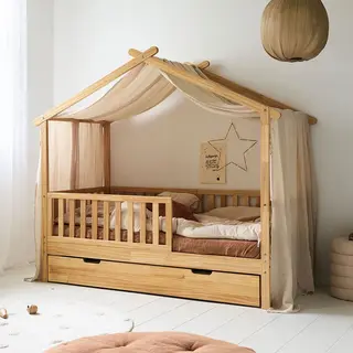 Petite Amelie Petite Amélie Hemeltje Beige 'Maison' 90x200 Cm - Gordijn Mousseline 100 % Biologisch Katoen - Perfecte Pasvorm Voor 'Maison' Bedhuisje 90x200 -