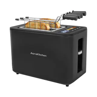 AoraKitchen Broodrooster Met Tostiklemmen - 900W - 6 Warmteniveaus - Led Scherm - Toaster - Met Timerfuncties - Tosti Apparaat - Zwart