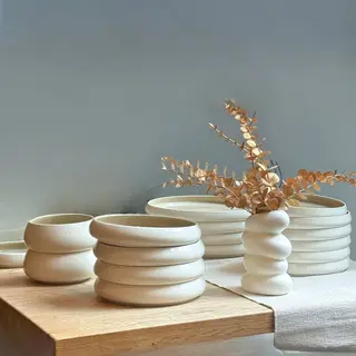 Oz Home Bavary Chubby Serviesset 27-Delig - Porselein - Wit-Taupe - 6-Persoons - Vaatwasser & Magnetronbestendig - Tweekleurig - Gekleurd Serviesset