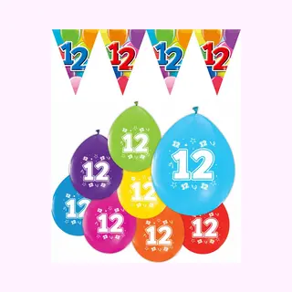 We Fiesta Feestpakket 12 Jaar / 8 Ballonnen En 1 Vlaggenlijn 10 Meter - Versiering Slinger Feestdecoratie Decoratie Verjaardag Jubileum Ballon Feest