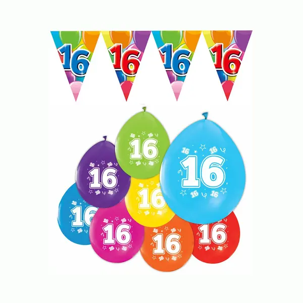 We Fiesta Feestpakket 16 Jaar / 8 Ballonnen En 1 Vlaggenlijn 10 Meter - Versiering Slinger Feestdecoratie Decoratie Verjaardag Jubileum Ballon Feest thumbnail