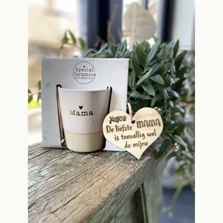 Mok Met Houten Hartje - Beker - Mama - Keramiek - 9 X 8 Cm -
