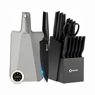 Coock - Messerset Mit Block Und Klappbarem Schneidebrett - Küchenmesser - Schere - Messerschärfer - 15-teiliges Küchenutensilien-Set Im Messerblock