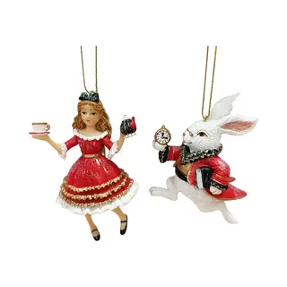 Viv! Christmas Kerstornament - Alice In Wonderland En Konijn - Set Van 2 - Rood - 10cm