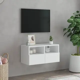 VidaXL Wall-Mounted Tv Cabinet In White, Engineered Wood Floating Media Unit With 2-Shelves And Door-Compartments, Living Room Furniture, Modern
