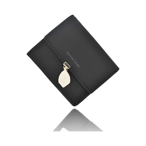 Dames Beurs Klein Zwart Met Creme Blad - Portemonnee In Pasteltint - Met Muntvak En Rfid Bescherming - Sophie Siero ®- Portefeuille Vrouw Design thumbnail