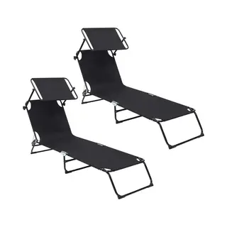 Infinity Goods Ligbed Met Zonnescherm - Opvouwbaar - Set Van 2 - Zonnebed - Ligstoel - Verstelbaar - Tuin - Weerbestendig - Zwart
