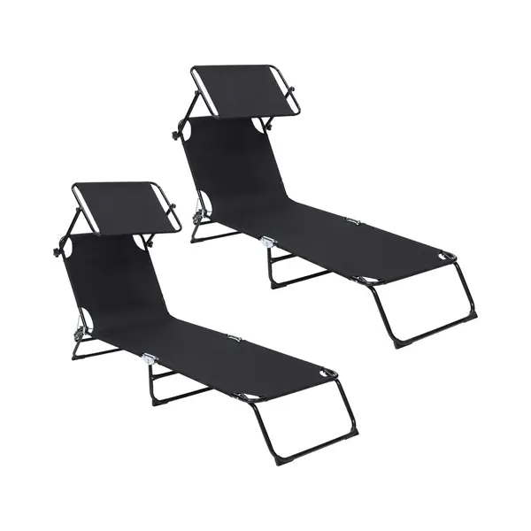 Infinity Goods Ligbed Met Zonnescherm - Opvouwbaar - Set Van 2 - Zonnebed - Ligstoel - Verstelbaar - Tuin - Weerbestendig - Zwart thumbnail