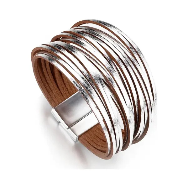 Sorprese Armband - Silver - Wikkelarmband - Armband Dames - Khaki - Leer - Cadeau - Model D thumbnail