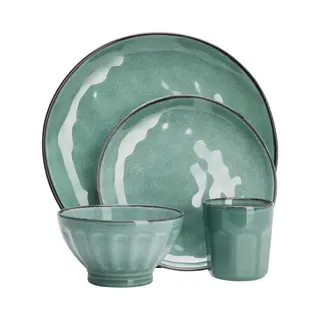 Siaki Servies Set - 16-delig - Groen - Aardewerk Dinerservies - Tafelservies - Serviesset Voor 4 Personen