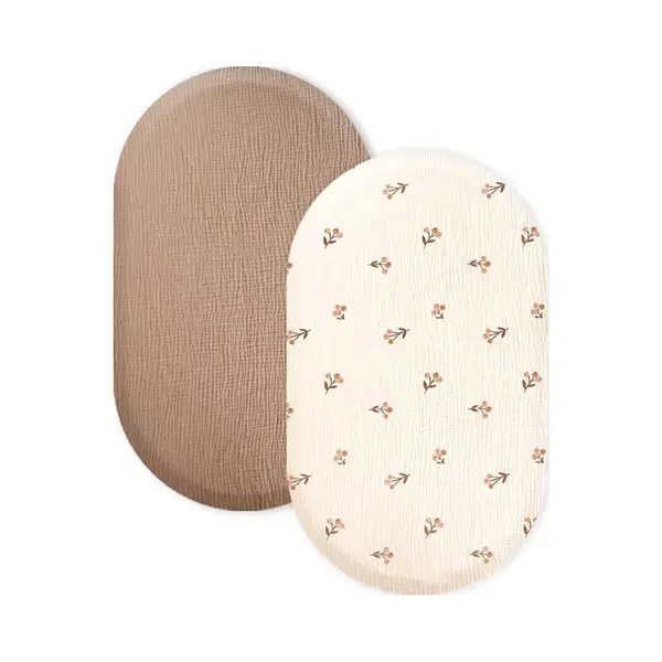 2 Stuks - Hydrofiele Baby Hoeslaken Wieg - Kinderwagen Matras - Beige En Crème Bloemetjes - 80x40 Cm - Aankleedkussenhoes thumbnail