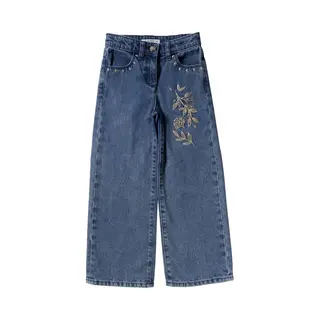 Your Wishes Enthic Flower Wide Leg Jeans Meisjes - Broek - Donkerblauw - Maat 110