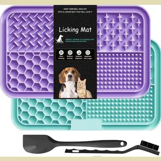 Botc Likmat Hond Met Silicone Spatulas - 4-Delig Likmat Voermat Hond - Voermat - Slowfeeder Hond - Paars En Cyaan