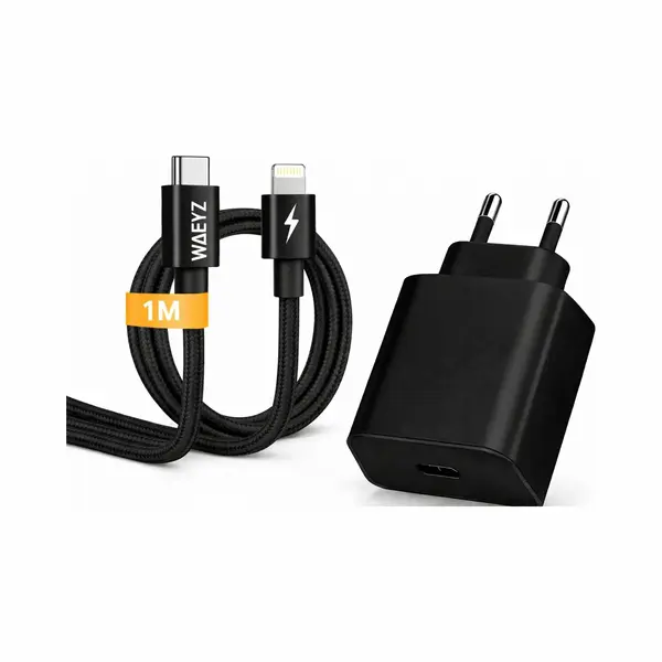 Waeyz 25W Super Snellader Zwart + Usb-C Gevlochten Kabel Naar Compatible Lightning Aansluiting 1M – Extra Stevig Gevlochten – Oplader Adapter Set thumbnail