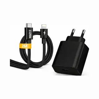 Waeyz 25W Super Snellader Zwart + 2 Meter Usb-C Gevlochten Kabel Naar Compatible Lightning Aansluiting – Extra Stevig Gevlochten – Oplader Adapter