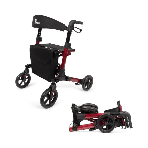 Parvum Brava Rollator – Leicht, Stabil & 3-fach Faltbar – Mit Integriertem Bremssystem, Sitz, Rückenlehne, Tasche, Stockhalter & Semi-soft thumbnail