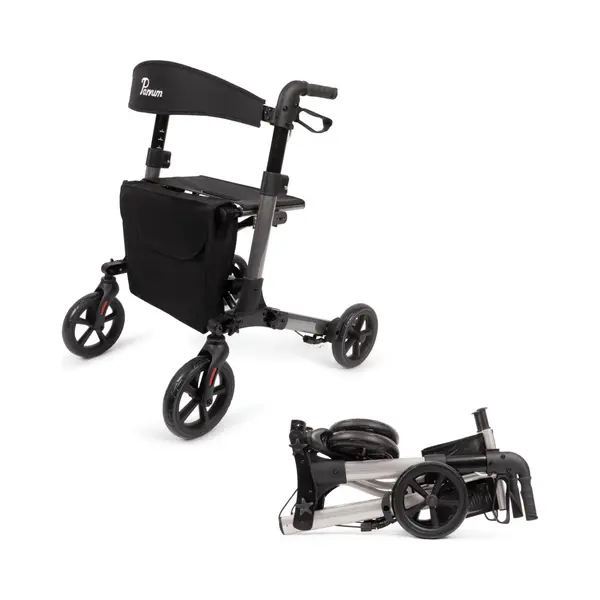 Parvum Brava Rollator – Leicht, Stabil & 3-fach Faltbar – Mit Integriertem Bremssystem, Sitz, Rückenlehne, Tasche, Stockhalter & Semi-soft thumbnail