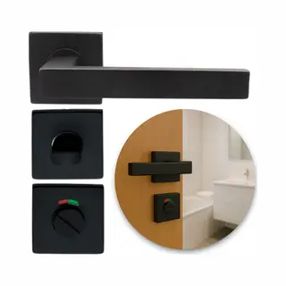 Kaia Deurklink Op Vierkant Rozet Met Badkamer/Wc-Slot - Mat Zwart - Deurkruk - Deurbeslag Set - Incl. Bevestigingsmateriaal - Terugslagveer