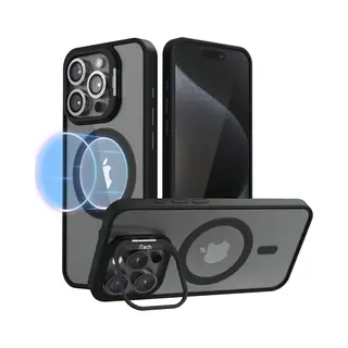 Itech Hoesje Geschikt Voor IPhone 15 Pro Max Transparant – Geschikt Voor MagSafe - Zwart + 2 Camera Protector – Met Telefoonstandaard