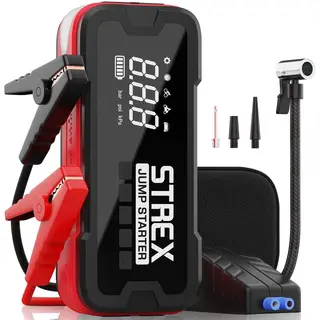 Strex Jumpstarter 12V - 4000A Starthulp Met Compressor Powerbank Led Zaklamp - Zwart/Rood