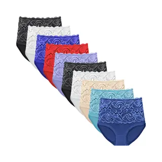 Fine Woman 10-Pack Dames Hoge Taille Slips Met Kant - Zacht Katoen - Tailleslips - Maat M 6009
