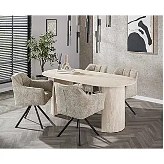 Meubelplaats Eettafel Arch Travertin Keramiek Ovaal 180x90 Cm - Beige - Japandi