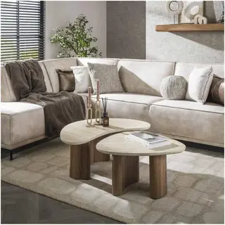 Meubelplaats Salontafel Travertin Keramiek Set Van 2 Organisch - Japandi - 88x44x36 Cm