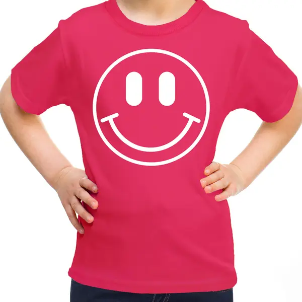 Bellatio Decorations Verkleed Shirt Meisjes - Smile / Emoticon - Roze - Carnaval - Feestkleding Voor Kinderen 146/152 thumbnail