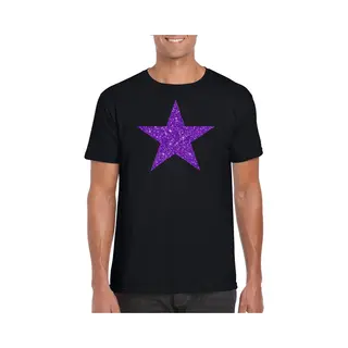 Bellatio Decorations Verkleed Shirt Voor Heren - Ster - Zwart - Paars Glitter - Carnaval/themafeest M