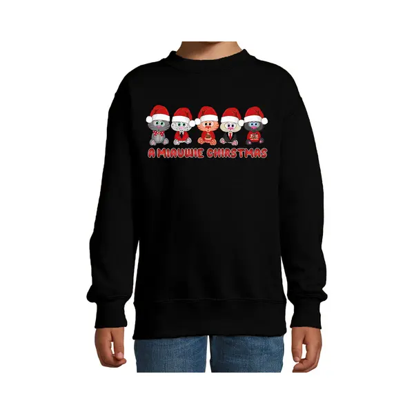 Bellatio Decorations Kersttrui/sweater Voor Jongens/meisjes - Miauwie Christmas - Zwart - Kerst Poesjes 134/146 thumbnail