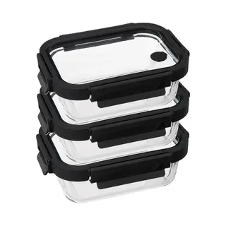 5Five Vershoudbakje Met Deksel - 3x - Glas - Luchtdicht - Met Clips - 19 X 14 X 7 Cm - 500 Ml - Zwart/transparant