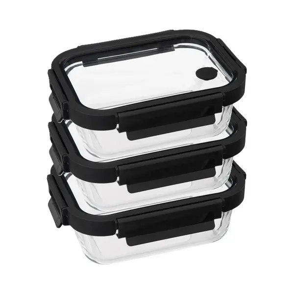 5Five Vershoudbakje Met Deksel - 3x - Glas - Luchtdicht - Met Clips - 19 X 14 X 7 Cm - 500 Ml - Zwart/transparant thumbnail