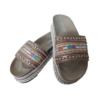 Slippers - Dames - Espadrilles - Ibiza Style - Kleur Camel - Met Glitter - Voetbed - Merk Kayla - Maat 37