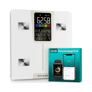 Fitage Led Weegschaal Wit - Personenweegschaal Digitaal - Slimme Weegschaal Met 17x Lichaamsanalyse - Weegschalen - Fitage App