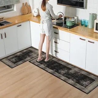 De Groen Home Vloerkleed Keukenloper Set 65x180 & 60x100 Cm - Deurmat Binnen - Halloper Set - Gold & Zwart - Wasbaar Antislip Zacht Tapijt