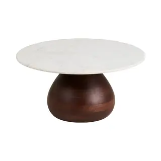 Artichok Herre Houten Salontafel Bruin Met Wit Marmer Blad - Mangohout -Donkerbruin - Natuursteen - Ø70 X 35 Cm
