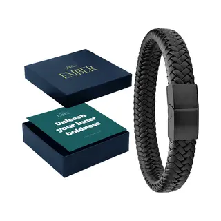 Atelier Ember - Cadeau Voor Man - Handgemaakte Leren Armband Heren Zwart Gevlochten - Inner Boldness Rvs Giftset - 20CM+1, 5CM - Luxe Sieradendoos